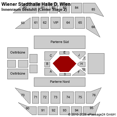Saalplan Wiener Stadthalle Halle D, Wien, &Ouml;sterreich, Innenraum bestuhlt (Center Stage 2)