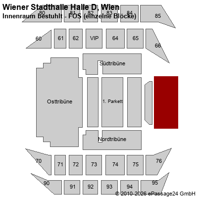 Saalplan Wiener Stadthalle Halle D, Wien, &Ouml;sterreich, Innenraum bestuhlt - FOS (einzelne Bl&ouml;cke)