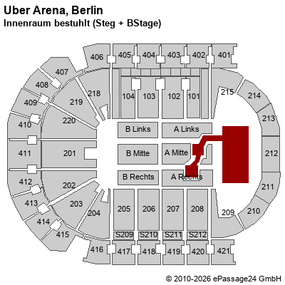 Saalplan Uber Arena, Berlin, Deutschland, Innenraum bestuhlt (Steg + BStage)