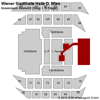Saalplan Wiener Stadthalle Halle D, Wien, &Ouml;sterreich, Innenraum bestuhlt (Steg + B-Stage)