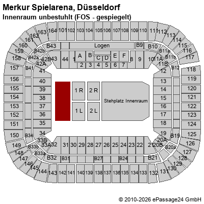 Saalplan Merkur Spielarena, D&uuml;sseldorf, Deutschland, Innenraum unbestuhlt (FOS - gespiegelt)