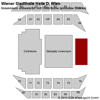 Saalplan Wiener Stadthalle Halle D, Wien, &Ouml;sterreich, Innenraum unbestuhlt mit Osttrib&uuml;ne (einzelne Bl&ouml;cke)