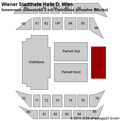 Saalplan Wiener Stadthalle Halle D, Wien, &Ouml;sterreich, Innenraum unbestuhlt 2 mit Osttrib&uuml;ne (einzelne Bl&ouml;cke)