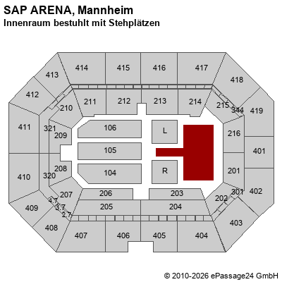 Saalplan SAP ARENA, Mannheim, Deutschland, Innenraum bestuhlt mit Stehpl&auml;tzen