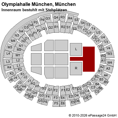 Saalplan Olympiahalle M&uuml;nchen, M&uuml;nchen, Deutschland, Innenraum bestuhlt mit Stehpl&auml;tzen