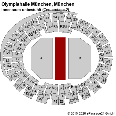 Saalplan Olympiahalle M&uuml;nchen, M&uuml;nchen, Deutschland, Innenraum unbestuhlt (Centerstage 2)