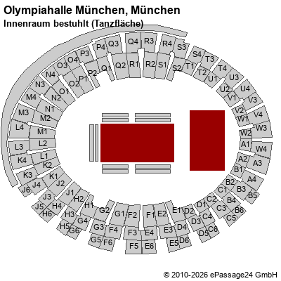 Saalplan Olympiahalle M&uuml;nchen, M&uuml;nchen, Deutschland, Innenraum bestuhlt (Tanzfl&auml;che)