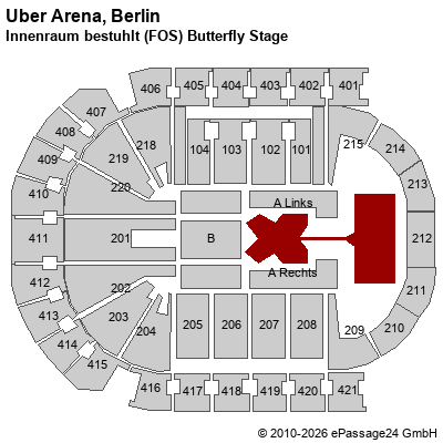 Saalplan Uber Arena, Berlin, Deutschland, Innenraum bestuhlt (FOS) Butterfly Stage
