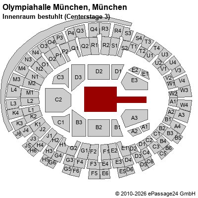Saalplan Olympiahalle M&uuml;nchen, M&uuml;nchen, Deutschland, Innenraum bestuhlt (Centerstage 3)