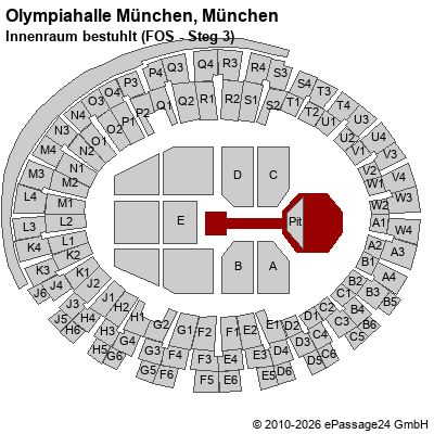 Saalplan Olympiahalle M&uuml;nchen, M&uuml;nchen, Deutschland, Innenraum bestuhlt (FOS - Steg 3)