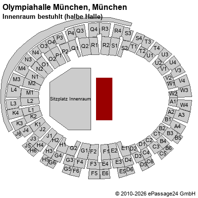 Saalplan Olympiahalle M&uuml;nchen, M&uuml;nchen, Deutschland, Innenraum bestuhlt (halbe Halle)