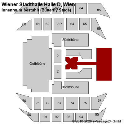 Saalplan Wiener Stadthalle Halle D, Wien, &Ouml;sterreich, Innenraum bestuhlt (Butterfly Stage)