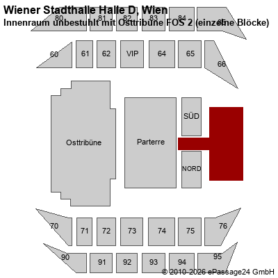 Saalplan Wiener Stadthalle Halle D, Wien, &Ouml;sterreich, Innenraum unbestuhlt mit Osttrib&uuml;ne FOS 2 (einzelne Bl&ouml;cke)