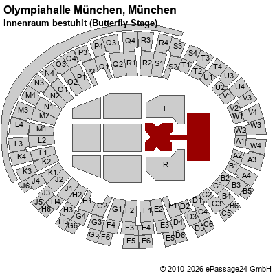 Saalplan Olympiahalle M&uuml;nchen, M&uuml;nchen, Deutschland, Innenraum bestuhlt (Butterfly Stage)