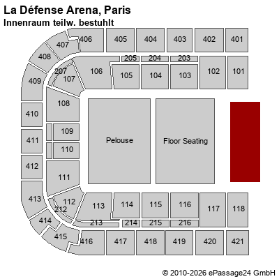 Saalplan La D&eacute;fense Arena, Paris, Frankreich, Innenraum teilw. bestuhlt