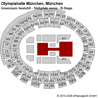 Saalplan Olympiahalle M&uuml;nchen, M&uuml;nchen, Deutschland, Innenraum bestuhlt - Stehplatz vorne - B-Stage