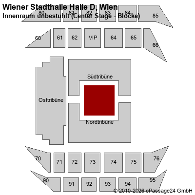 Saalplan Wiener Stadthalle Halle D, Wien, &Ouml;sterreich, Innenraum unbestuhlt (Center Stage - Bl&ouml;cke)