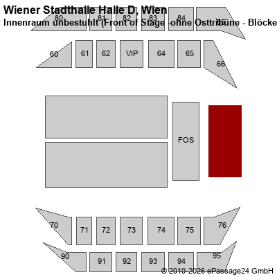 Saalplan Wiener Stadthalle Halle D, Wien, &Ouml;sterreich, Innenraum unbestuhlt (Front of Stage -ohne Osttrib&uuml;ne - Bl&ouml;cke)