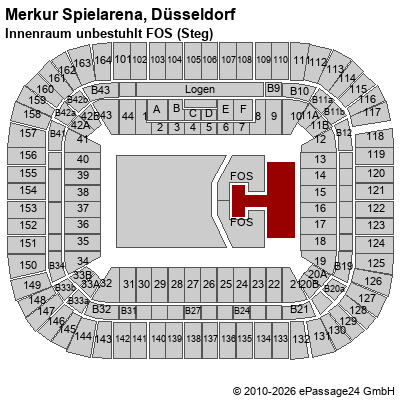 Saalplan Merkur Spielarena, D&uuml;sseldorf, Deutschland, Innenraum unbestuhlt FOS (Steg)