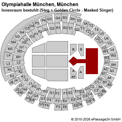 Saalplan Olympiahalle M&uuml;nchen, M&uuml;nchen, Deutschland, Innenraum bestuhlt (Steg + Golden Circle - Masked Singer)