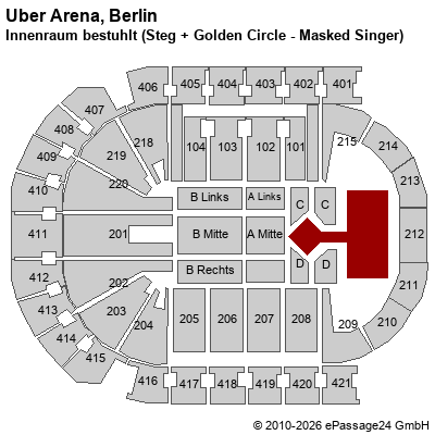 Saalplan Uber Arena, Berlin, Deutschland, Innenraum bestuhlt (Steg + Golden Circle - Masked Singer)