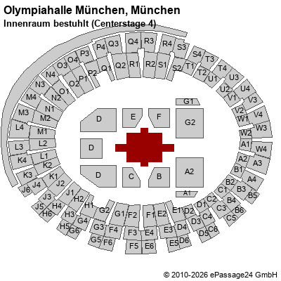 Saalplan Olympiahalle M&uuml;nchen, M&uuml;nchen, Deutschland, Innenraum bestuhlt (Centerstage 4)