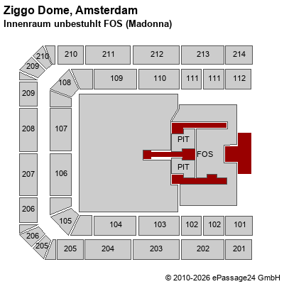 Saalplan Ziggo Dome, Amsterdam, Niederlande, Innenraum unbestuhlt FOS (Madonna)