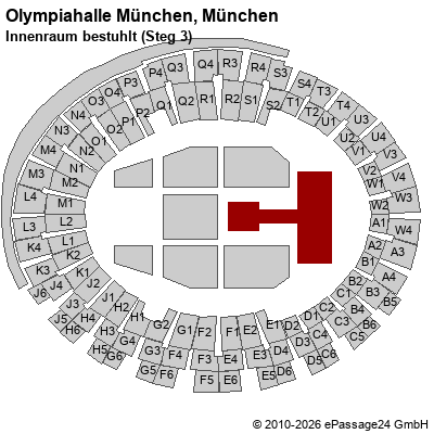 Saalplan Olympiahalle M&uuml;nchen, M&uuml;nchen, Deutschland, Innenraum bestuhlt (Steg 3)