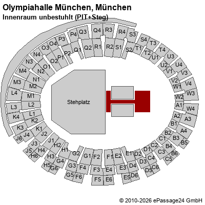 Saalplan Olympiahalle M&uuml;nchen, M&uuml;nchen, Deutschland, Innenraum unbestuhlt (PIT+Steg)