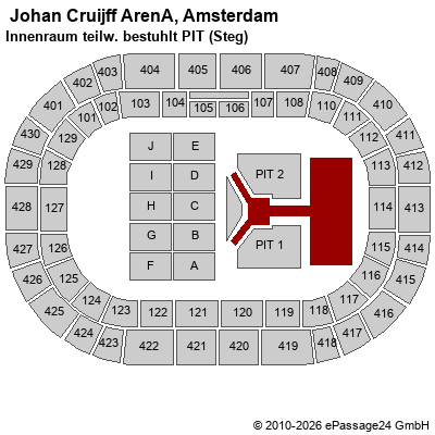 Saalplan  Johan Cruijff ArenA, Amsterdam, Niederlande, Innenraum teilw. bestuhlt PIT (Steg)