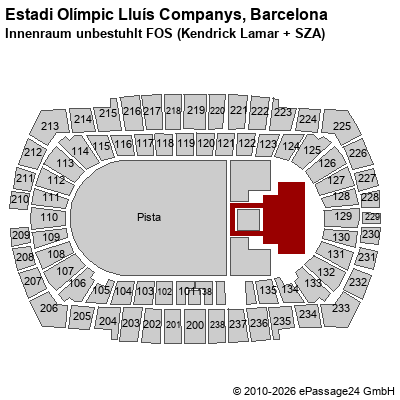 Saalplan Estadi Ol&iacute;mpic Llu&iacute;s Companys, Barcelona, Spanien, Innenraum unbestuhlt FOS (Kendrick Lamar + SZA)