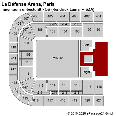 Saalplan La D&eacute;fense Arena, Paris, Frankreich, Innenraum unbestuhlt FOS (Kendrick Lamar + SZA)