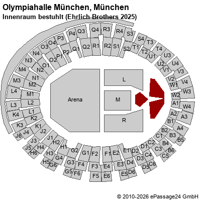Saalplan Olympiahalle M&uuml;nchen, M&uuml;nchen, Deutschland, Innenraum bestuhlt (Ehrlich Brothers 2025)