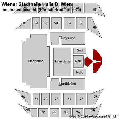 Saalplan Wiener Stadthalle Halle D, Wien, &Ouml;sterreich, Innenraum bestuhlt (Ehrlich Brothers 2025)