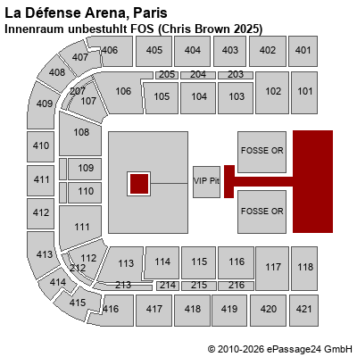 Saalplan La D&eacute;fense Arena, Paris, Frankreich, Innenraum unbestuhlt FOS (Chris Brown 2025)