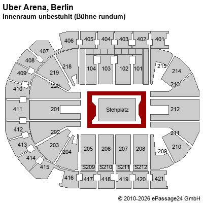 Saalplan Uber Arena, Berlin, Deutschland, Innenraum unbestuhlt (B&uuml;hne rundum)