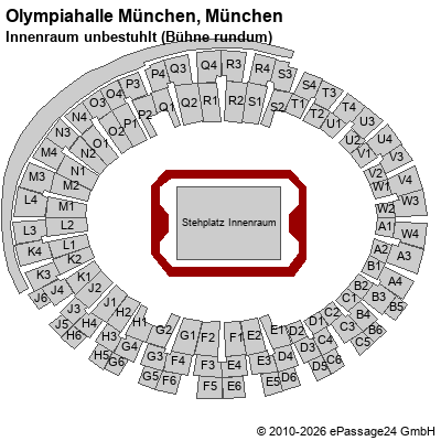 Saalplan Olympiahalle M&uuml;nchen, M&uuml;nchen, Deutschland, Innenraum unbestuhlt (B&uuml;hne rundum)