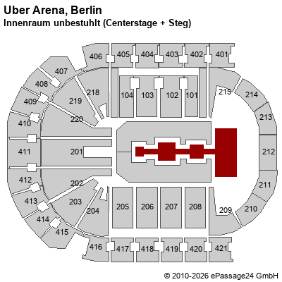 Saalplan Uber Arena, Berlin, Deutschland, Innenraum unbestuhlt (Centerstage + Steg)