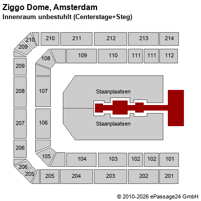 Saalplan Ziggo Dome, Amsterdam, Niederlande, Innenraum unbestuhlt (Centerstage+Steg)