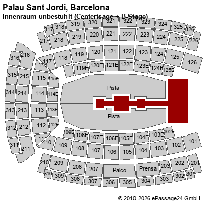 Saalplan Palau Sant Jordi, Barcelona, Spanien, Innenraum unbestuhlt (Centertsage + B-Stage)
