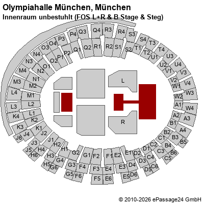 Saalplan Olympiahalle M&uuml;nchen, M&uuml;nchen, Deutschland, Innenraum unbestuhlt (FOS L+R & B-Stage & Steg)