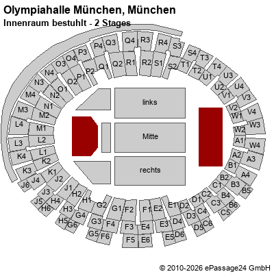 Saalplan Olympiahalle M&uuml;nchen, M&uuml;nchen, Deutschland, Innenraum bestuhlt - 2 Stages