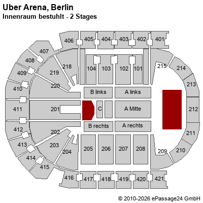 Saalplan Uber Arena, Berlin, Deutschland, Innenraum bestuhlt - 2 Stages