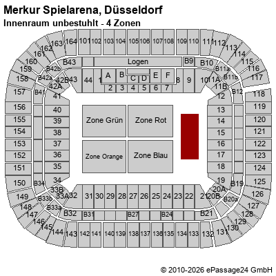 Saalplan Merkur Spielarena, D&uuml;sseldorf, Deutschland, Innenraum unbestuhlt - 4 Zonen